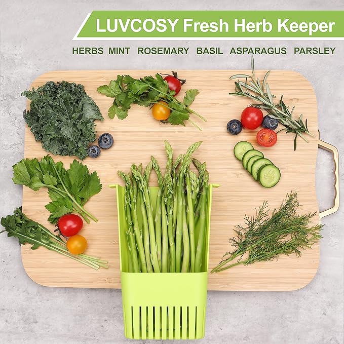 LUVCOSY Herb Keeper Set: 3 Pack Herb Saver+1 Pack Herb Scissors+2 Pack Herb Stripper, BPA-Free Plastic Herb Container for Cilantro, Mint & Asparagus, Keeps Fresh Herbs for 3 Times Longer