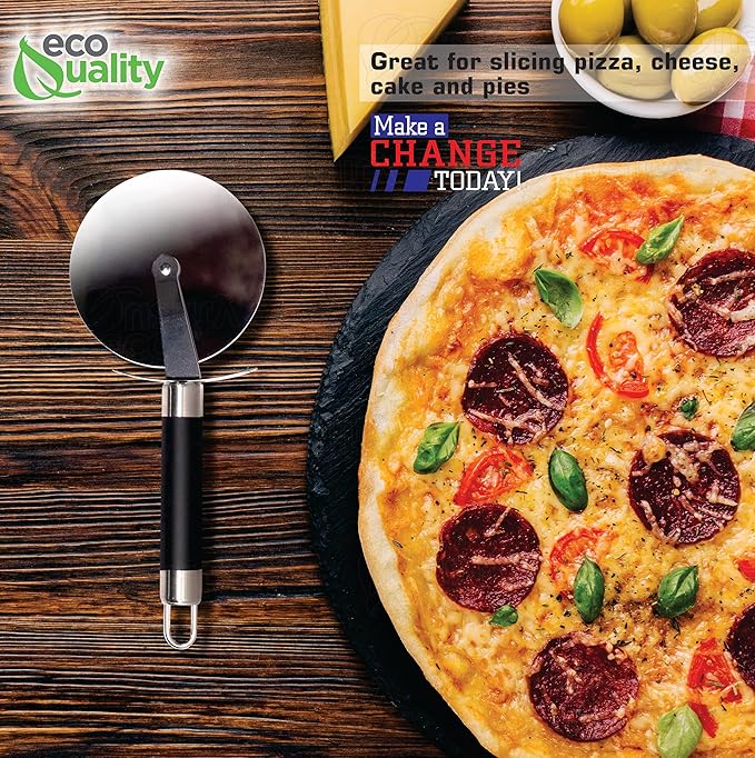 EcoQuality Stainless Steel Pizza Cutter Wheel with Sharp Blade for Cutting Pies, Pizza, Crusts Built in Finger Guard for Safety, Comfortable Grip, Dishwasher Safe - 8.5inch (1)