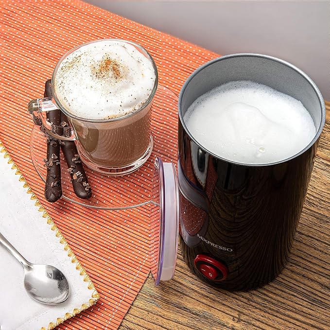 Mixpresso Electric Milk Frother, Stainless Steel Milk Steamer & Milk Warmer, Automatic Shutoff, Non-Stick Interior, Cool Touch, 9.4 oz/6.0oz Capacity, Black Electric Frother for Hot Chocolate