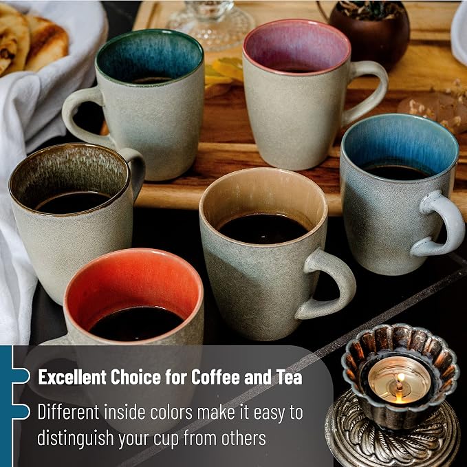 BTaT- Porcelain Coffee Mugs Set, 12 oz (350ml), 6 Pack, Ceramic Coffee Mugs, Matte White Outside and Colorful Inside, Restaurant Cups for Tea, Cappuccino, Cocoa, Cereal, Mug Gift Set, Dishwasher Safe