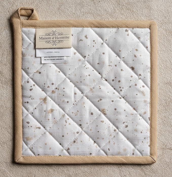 Maison d' Hermine Pot Holders 100% Cotton Heat Resistant Potholders 8" x 8" Hot Pads with Loop BBQ Baking Gifts for Mothers Day Handling Hot Pans Spring/Summer (Pack of 1, Meadow Florals - Beige)