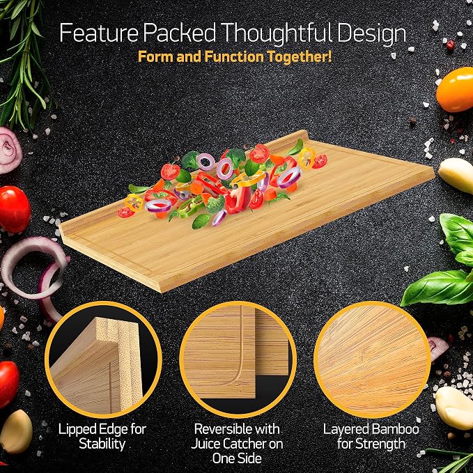 Extra Large Bamboo Cutting Board with Lip – 21” x 18”, Wooden Cutting Boards with Lip For Kitchen Meal Prep & Serving, Charcuterie & Chopping Board Ideal for Knives