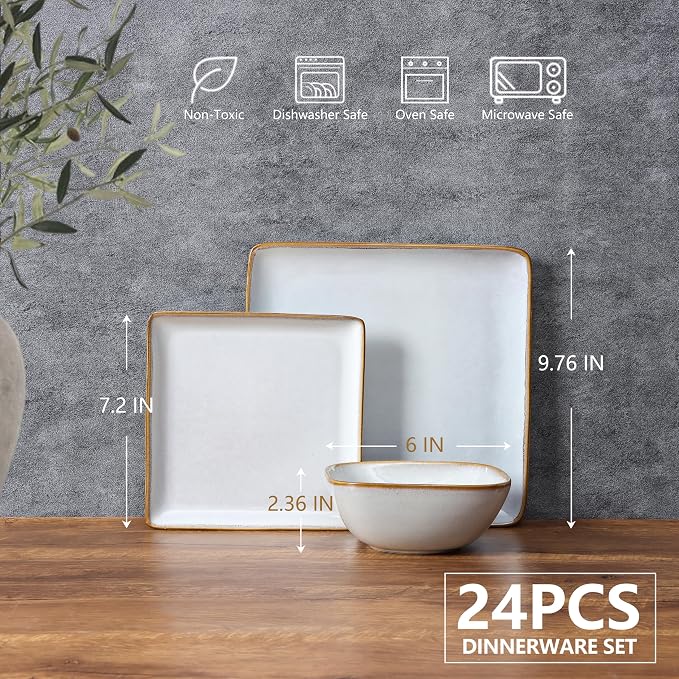 E-far Square Dinnerware Sets for 8, 24-Piece Stoneware Plates and Bowls Dishes Set, Reactive Glaze Porcelain Dishware Sets, Chip & Scratch Resistant, Microwave & Dishwasher Safe, Seashell White
