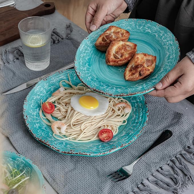 LEHAHA Luxury Thicker but lightweight 100% melamine dinnerware set, set of 4, Unbreakable Farmhouse plates and bowl dishes set, Elegant Scalloped rim dinner serving plate sets. Dishwasher Safe, Teal
