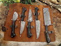 Custom made hand forged Damascus steel full tang blade kitchen knife set, Overall 45 inches Length of Damascus sharp knives (10.6+9.6+9.0+8.0+7.6) Inches, Leather suede sheath (Bull horn)