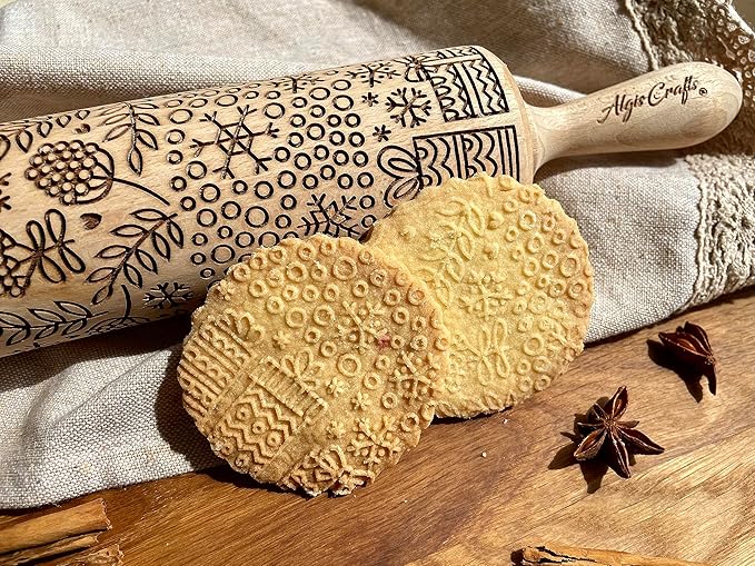 CHRISTMAS PRINTS Embossing Rolling Pin. Laser Engraved Dough Roller for Embossing Homemade Christmas Cookies by Algis Crafts