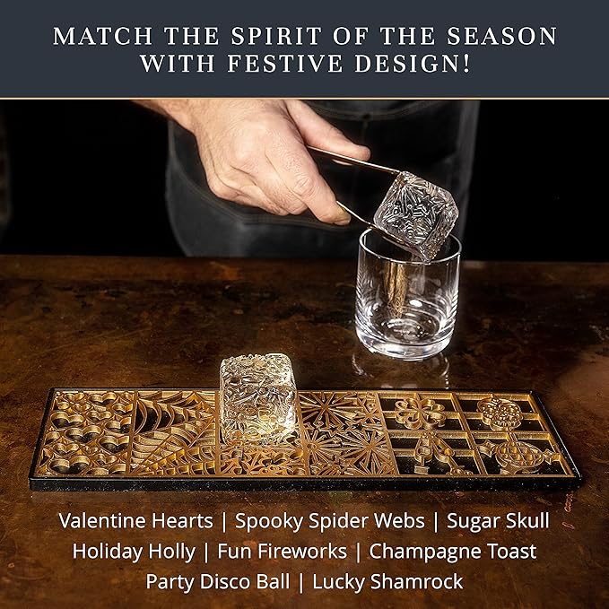 Clear Ice Cube Maker Design Tray - Craft Modern Ice Molds for Bourbon & Cocktails in 5 Seconds - Whiskey Mold Cube Stamp – Bartender Accessories - Copper Ice Press Cocktails by Ash Harbor (Holidays)