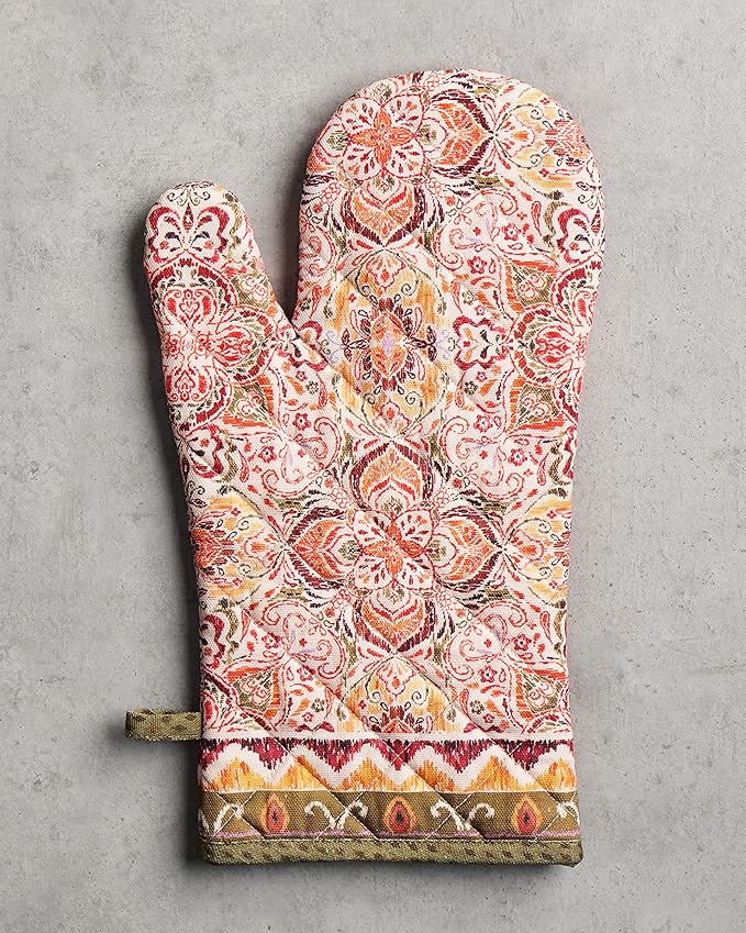 Maison d' Hermine Oven Gloves 100% Cotton Oven Mitt 7" x 13" with Loop Heat Resistant BBQ Cooking Gloves for Thanksgiving Christmas Decorations Baking Handling Hot Pans (Pack of 1, Damask)