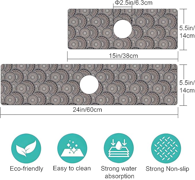 Kitchen Sink Splash Guard Faucet Mat -2 PC Super Absorbent Fast Drying Mat Sink Gadgets-Splash Guard Behind Faucet Drip Catcher for Kitchen(23.5" X 5.5" )