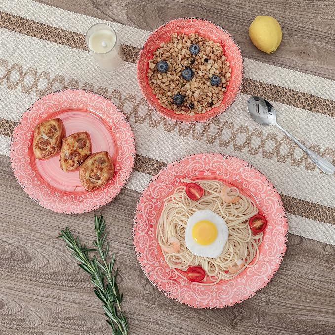 12-Piece Farmhouse Melamine Dinnerware Set, Elegant Unbreakable plates and bowls sets, BPA Free Dinner Dishes serving Set, Service for 4, Perfect for Indoor/Outdoor Dining, Peach pink Red