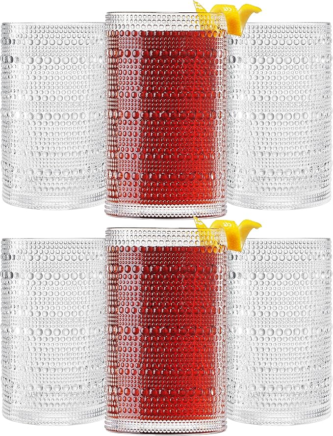 Khen Plastic Hobnail Drinking Highball Glasses Set of 6 Clear Color Cups 14oz, Shatterproof & Unbreakable Acrylic Beaded Design, BPA-Free, Dishwasher Safe Indoor/Outdoor Drinkware for Water, Cocktails