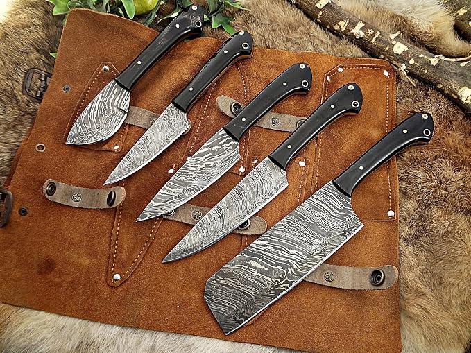 Custom made hand forged Damascus steel full tang blade kitchen knife set, Overall 45 inches Length of Damascus sharp knives (10.6+9.6+9.0+8.0+7.6) Inches, Leather suede sheath (Bull horn)