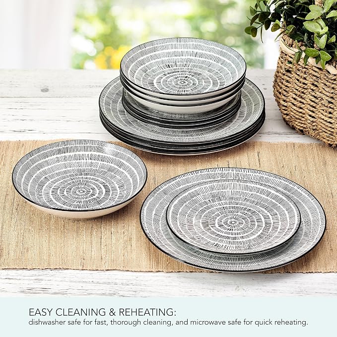Pfaltzgraff Sketch Serenade Geometric 12 Piece Plates Bowls Dinnerware Set, Black and White