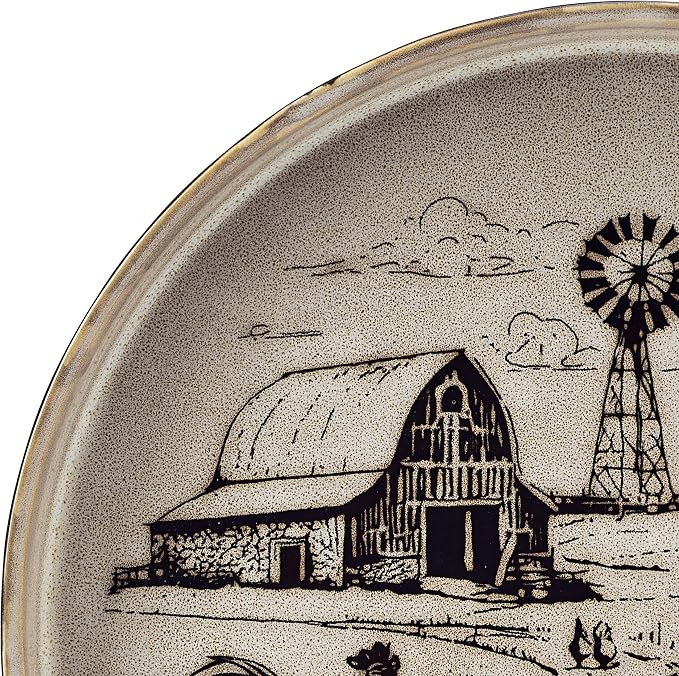 Pfaltzgraff Farmyard Rooster 12 Piece Farmhouse Style Dinnerware Set, Service for 4, Plate Bowl with High Rims, Rustic Design, Brown Black