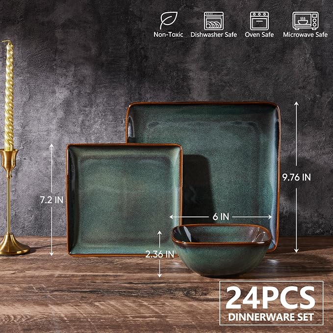 E-far Square plates and bowls Sets for 8, 24-Piece Reactive Glaze Stoneware Dinnerware Sets, Ceramic Dishes for Kitchen Dining, Microwave & Dishwasher Safe, Obsidian Green