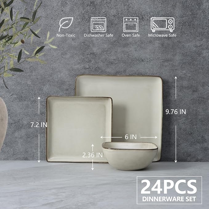 E-far Square Dinnerware Sets for 8, 24-Piece Stoneware Plates and Bowls Dishes Set, Reactive Glaze Porcelain Dishware Sets, Chip & Scratch Resistant, Microwave & Dishwasher Safe, Sandy Beige