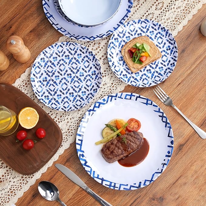 12pcs Melamine Dinnerware Set - Unbreakable Plates and Bowls Set- Blue Grid Stripes Design Dinner Dish Set - Modern Dinnerware Set for 4 - Break-Resistant Dishwasher Safe for Indoor/Outdoor Use