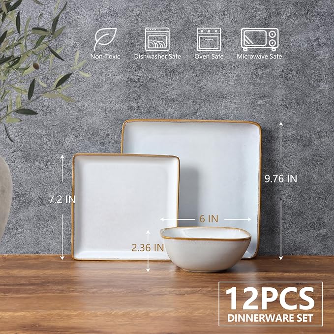 E-far Square Plates and Bowls Sets, 12-Piece Stoneware Dinnerware Sets for 4, Reactive Glaze Dish Set, Chip and Scratch Resistant, Microwave and Dishwasher Safe, Seashell White