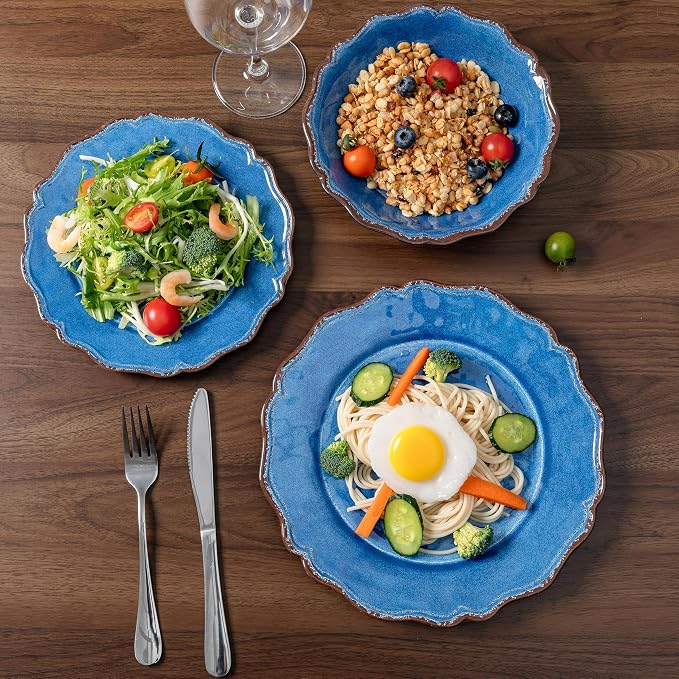 LEHAHA 12 Piece Rustic Farmhouse Luxury Melamine Dinnerware Sets, Thick Unbreakable but Lightweight Plates and Bowls Set, Vintage Spring and Summer Camping Dishes Set, Dishwasher Safe, blue