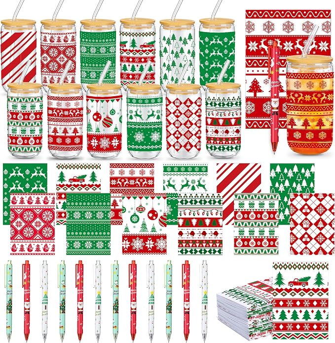 Skylety 12 Set Christmas Gifts Bulk 16 oz Red and Green Glass Cups with Lids Straws Xmas Notebook Sticky Note Pens for Employee Appreciation Women Students School Office Holiday Party Favors