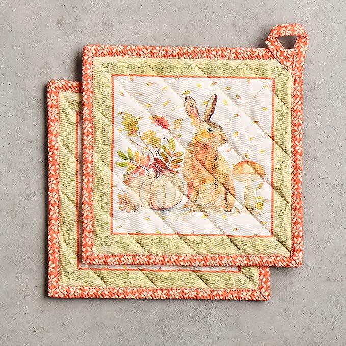 Maison d' Hermine Pot Holders Set 100% Cotton Heat Resistant Potholders 8" x 8" Hot Pads with Loop for Thanksgiving Christmas Decorations BBQ Baking Handling Hot Pans (Pack of 2, Pumpkin Passion)