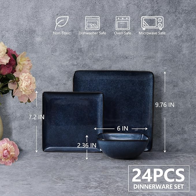 E-far Square Dinnerware Sets for 8, 24-Piece Stoneware Plates and Bowls Dishes Set, Reactive Glaze Porcelain Dishware Sets, Chip & Scratch Resistant, Microwave & Dishwasher Safe, Deep Sea Blue