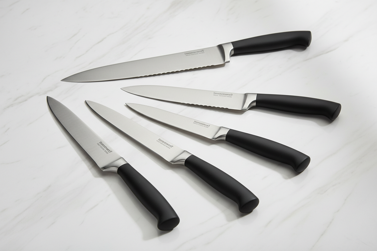 Stainless Steel Kitchen Knife Set

Description:
Our premium stainless steel knife set includes all essential knives for chopping, slicing, and cutting. Sharp, rust-resistant, and comfortable to hold, this set is perfect for home and professional kitchens. (make it real photo)
